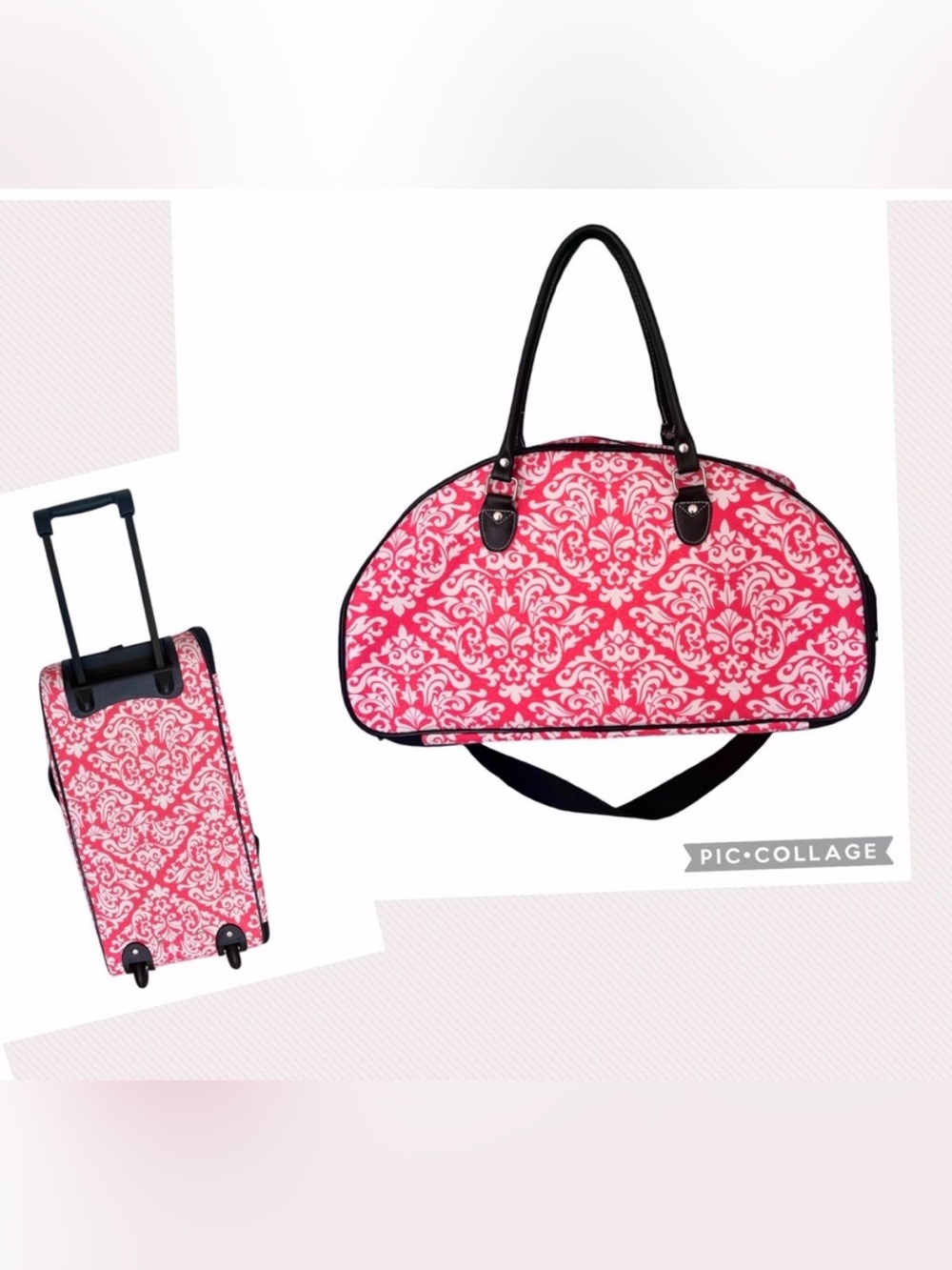 DAMASK FLORAL WHEELED 21” CARRY-ON DUFFEL & MATCHING HANGING COSMETIC BAG